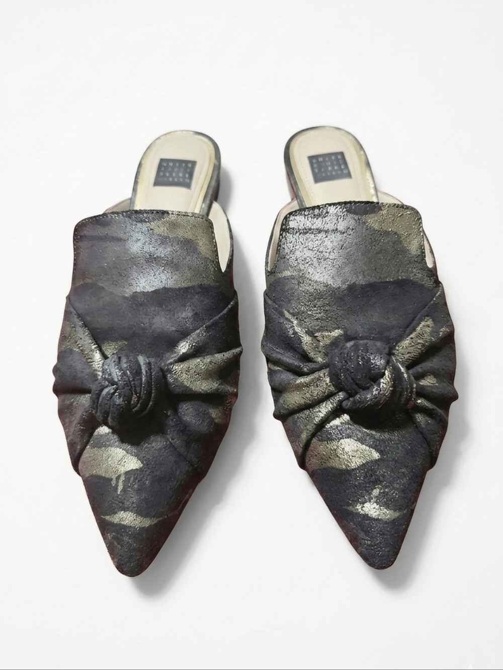 White House Black Market Teagan Metallic Camouflage Knot Mules
